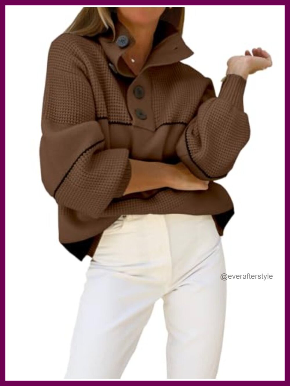 Slouchy Waffle Knit Sweater Button Polo Collared Pullover Striped